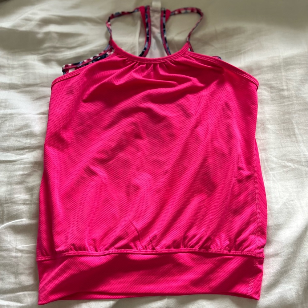 Girls pink athletic tank top with a double layer